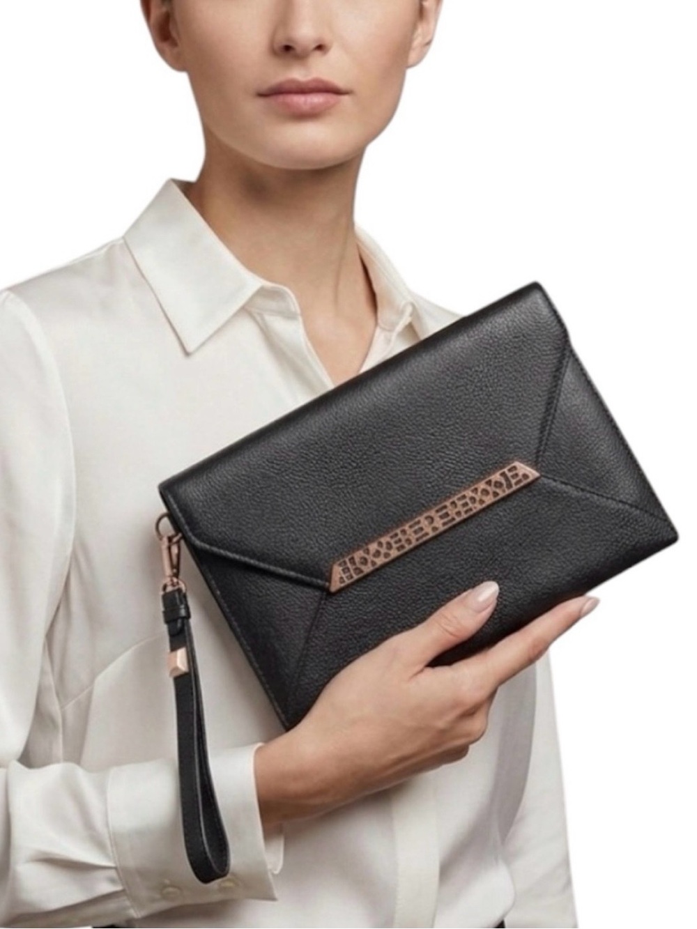 Stella & Dot Avalon Black Envelope Clutch with Rose Gold Accent